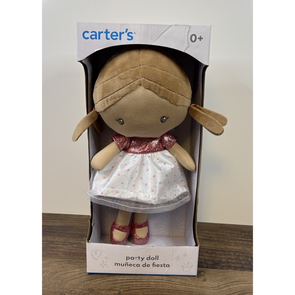Carter's Party 12" Plush Doll Pink White Polka Dot Dress Carters Brown Hair